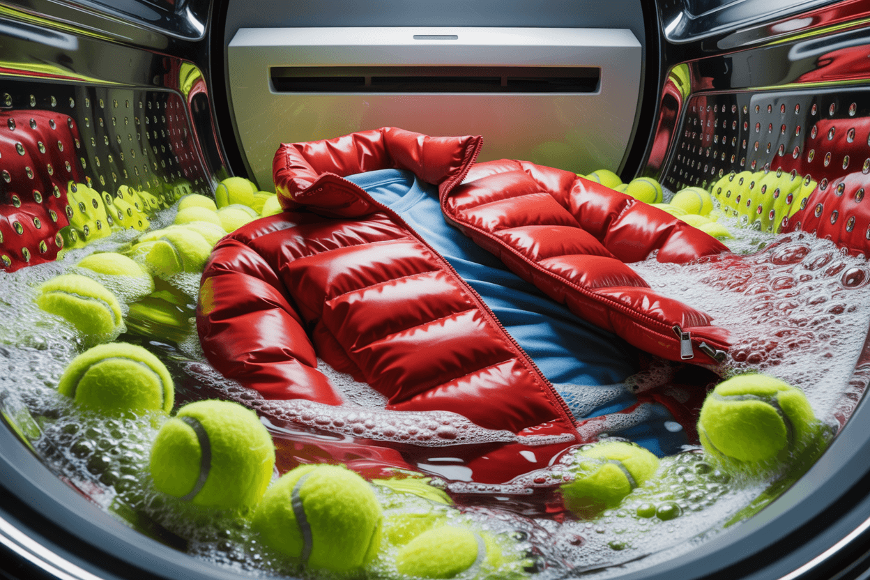 Down jacket in a washing machine with tennis balls